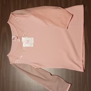 Pink Poodle Pink Blouse w Pink Embellishments Sheer Sleeves L NWT